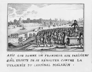 Człowiek z Frondy nawołujący paryżan do powstania przeciwko tyranii kardynała Mazarina 6 stycznia 1649 r.